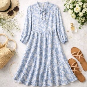 Free Assembly Dress Womens The Tie Neck Swing Dress Light Blue White Size XS
